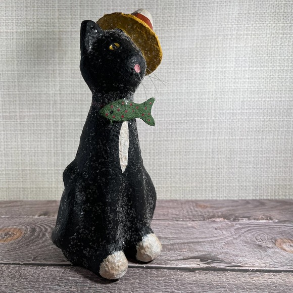 Black Halloween Cat Candy Corn Hat and Fish Bow Tie Sparkly Home Decor - Picture 6 of 6